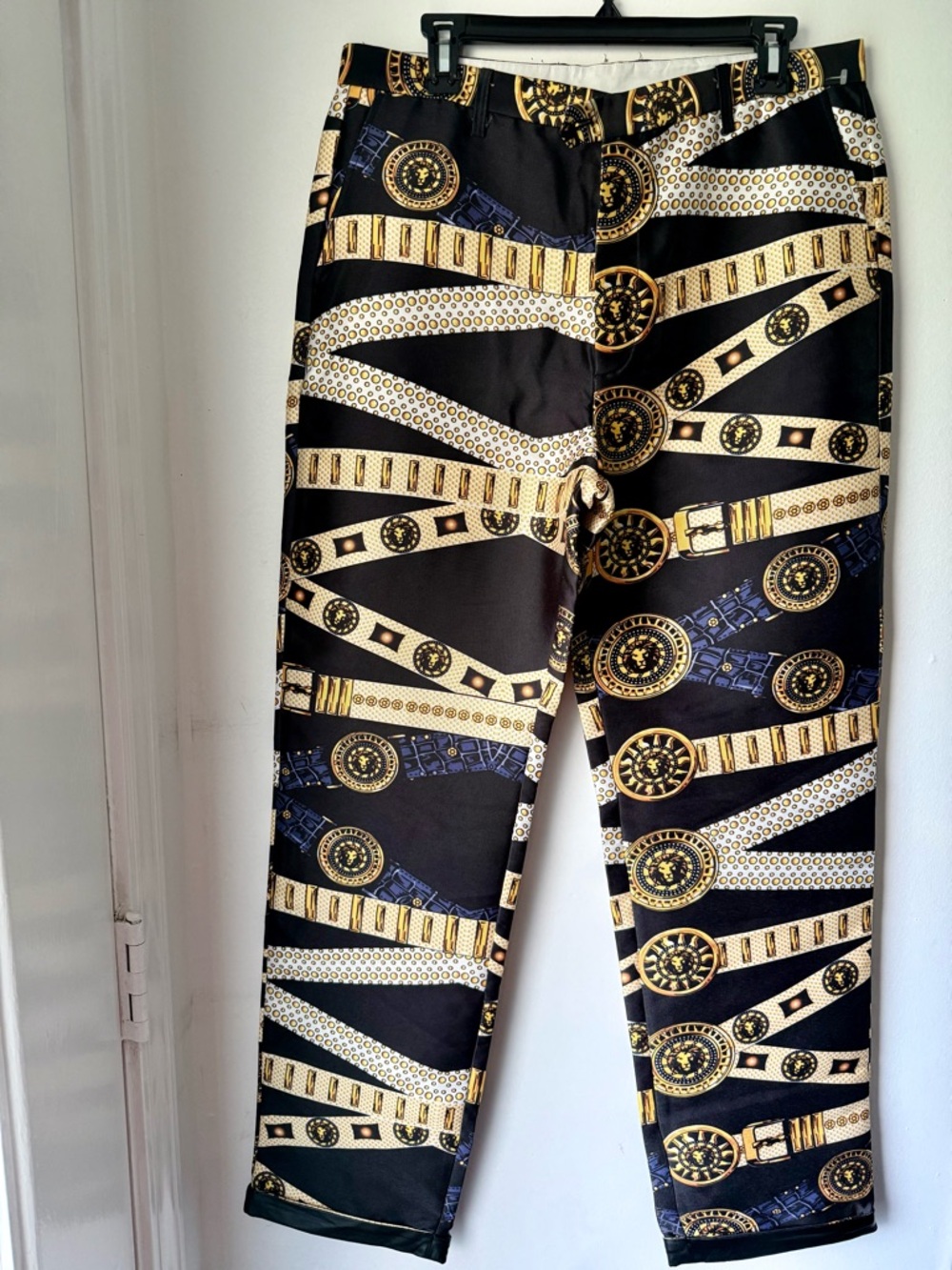 NWOT Custom Made Pants Baroque Belt Print Leather Cuff Size 32x32